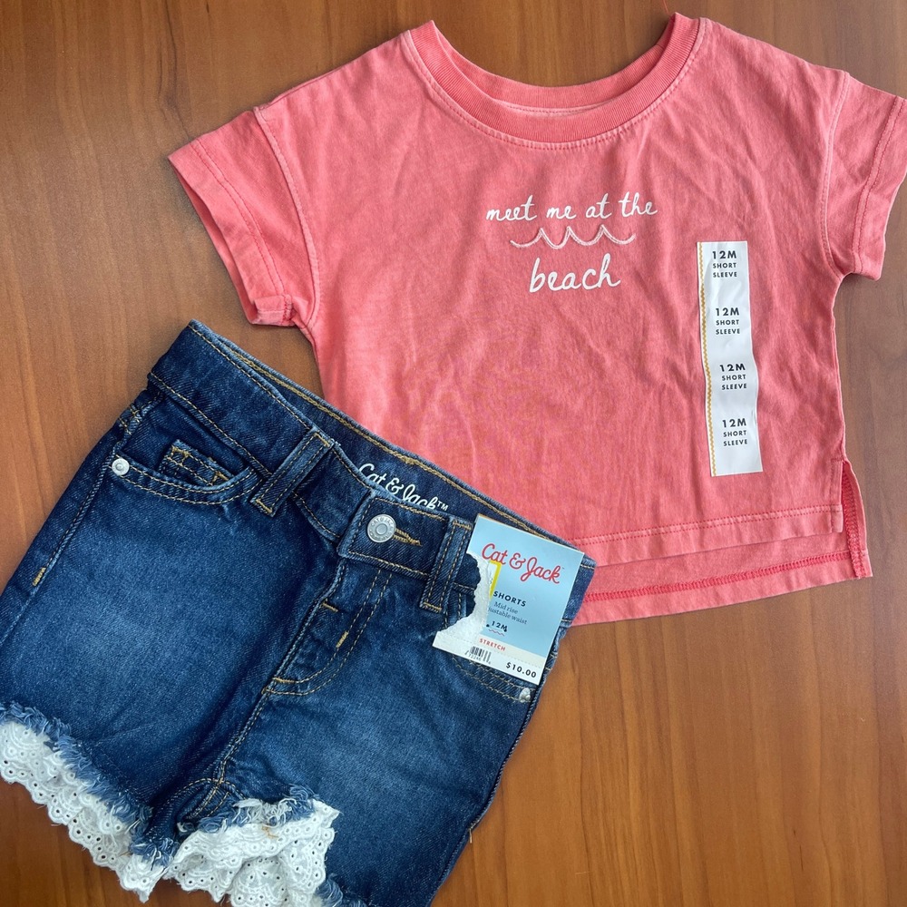 Cat & Jack Baby Girls‎ 12M Beach Graphic Tee and Eyelet Denim Shorts Set NWT